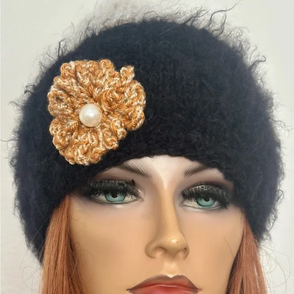 Hand Knits 2 Love Winter Hat Beanie Mohair Look Flower Pearls Designer Fashion - Picture 8 of 11